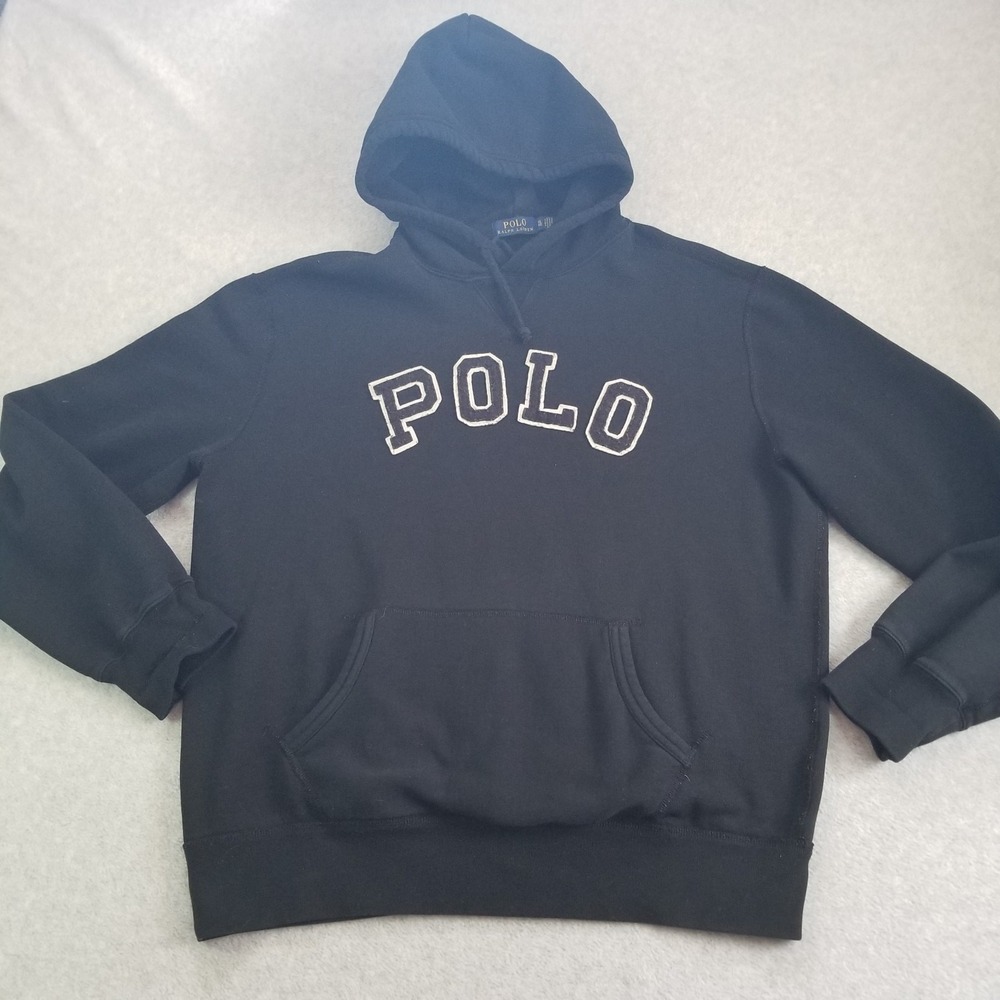 Y2K Polo Ralph Lauren Hoodie Mens Extra Large Black Logo Patch Fleece Spell Out